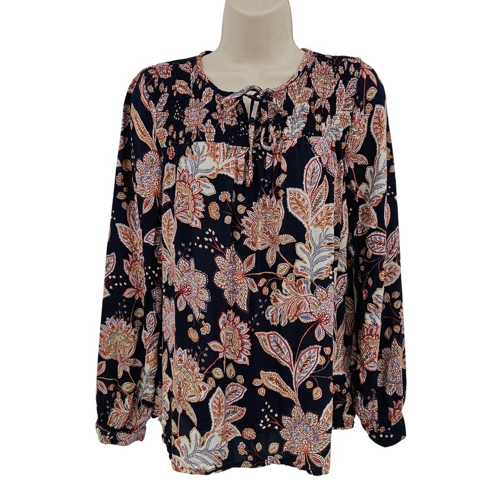 Lucky Brand Tunic Top Women M Navy Floral Long Sleeve Boho Peasant Preppy Hippie